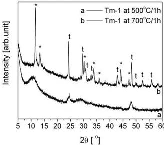 Figure 6. XRD patterns of Tm-1 sample after calcination at  500°C/1h and 700°C/1h (t - Na 2 Ti 3 O 7 , * - Na 2 Ti 6 O 13 )Figure 5