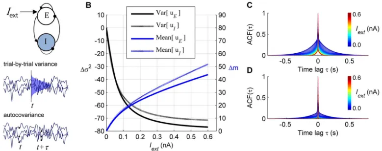 Fig 1. Response of a single local node. A: Top: Architecture of a local node composed of one excitatory (E) and one inhibitory (I) neural population