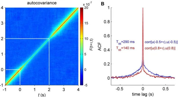 Fig 4. Time correlations. A: The autocovariance function was calculated for each time step time t and averaged across excitatory populations of all brain regions
