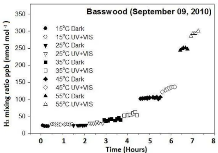 Fig. 1. Example of an analytical sequence exhibiting increasing H 2 concentrations with increasing temperature and light conditions (dark and UV+visible light)