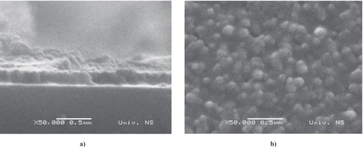 Figure 5. SEM micrographs of multilayered BaTiO 3 /NiFe 2 O 4  ilm S1-FT (prepared by spin-coating and drying of every deposited layer): a) cross section and b) surface morphology