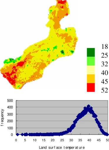Fig. 5. (a) Image of land surface temperature. (b) Histogram of land surface temperature.