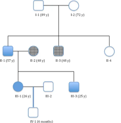Figure 1. Current family tree (2012) showing the affected members; Each generation tested is marked with roman numeral; squares represent male and circles female; blank squares and circles represent members who were not tested; checkered were tested and fo