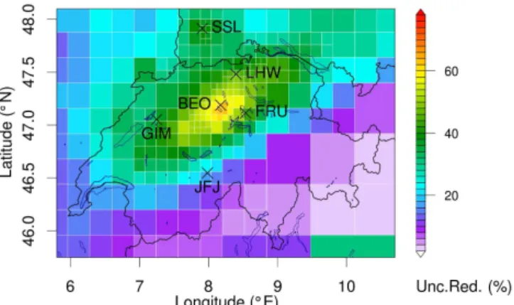 Figure 5. Uncertainty reduction between prior and posterior fluxes given in % relative to prior uncertainty (1 − σ B /σ A ) for the base inversion with low particle release height.