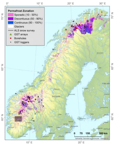 Figure 1. Modelled distribution of permafrost in Norway. Sites mentioned in the text: (1) Finse, south of Hallingskarvet, (2) Juvvasshøe in Jotunheimen, (3) Dovrefjell, (4) The Lyngen Alps and (5) Finnmark.
