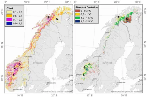 Figure 7. Left: distribution of modelled CV sd in non-vegetated areas of Norway with Model 3
