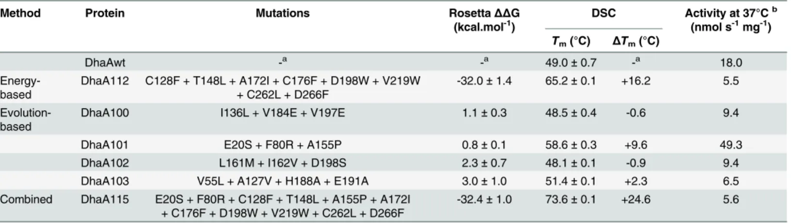 Fig 2. Location of stabilizing mutations in designed enzymes. A) Locations of substitutions in energy-based, evolution-based and combined mutants of DhaA enzyme