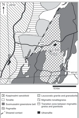 Fig. 2. Geological map of the Kaapinsalmi area, showing  the locations of the dated samples
