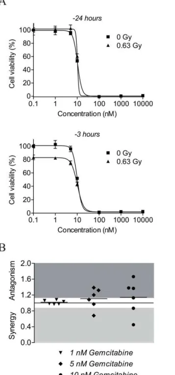 Fig 5. NU7026 more potently radiosensitizes neuroblastoma cells than gemcitabine. (A) Cell viability of NGP cells after co-treatment with gemcitabine and IR