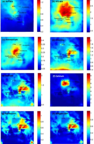 Fig. 3. Predicted average ground level concentrations of PM 1 − 10 (a) sulfate, (b) nitrate, (c) ammonium, (d) chloride, (e) sodium, (f) calcium, (g) potassium, and (h) magnesium (µg m − 3 ) during 4–30 March 2006.