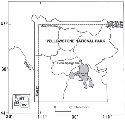 Fig. 1. Map of Yellowstone National Park showing the Ochre Spring and Mammoth Hot Springs sampling locations.