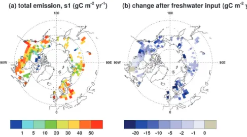 Fig. 7. (a) Spatial distribution of methane emissions (g C m −2 yr −1 ) from the sum of plant- plant-mediated transport, di ff usion and ebullition averaged over the first fifty years of the control run