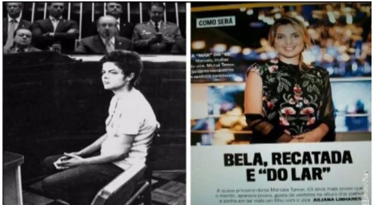 Fig. 2. Montagem fotográfica viralizada nas redes sociais: à esquerda,  Dilma Rousseff em 1970 (Revista Época, 2011); à direita, a página da 