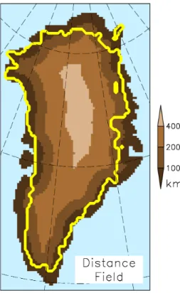 Fig. 2. Distance field over the entire Greenland area in km. It is determined by the minimal distance of every land grid point (ice free and ice covered ones) to the coast (first ocean grid point, see Fig
