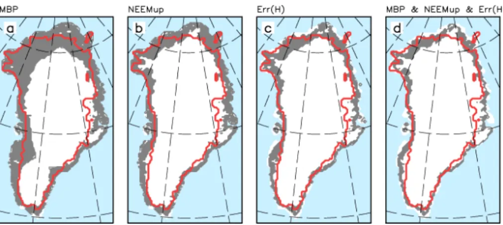 Fig. 6. Simulated geographical position of present-day ice margins for sets of runs with p = 1 and q = 3 in the discharge parameterization (gray areas) compared to observations (red line)