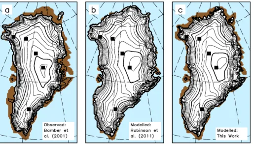 Fig. 9. Present-day Greenland ice sheet topography. (a) Observed data compilation by Bamber et al