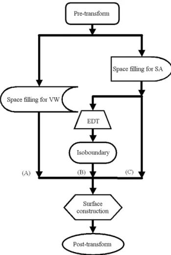 Figure 3. Algorithm flow chart for EDTSurf macromolecular surface construction. (A) van der Waals surface; (B) molecular surface;