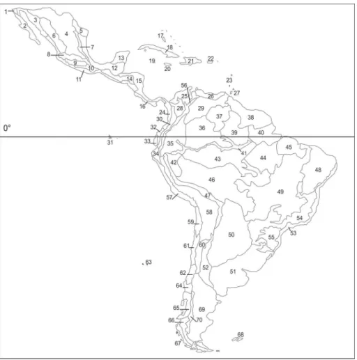 Figure 1. Biogeographic classification of Latin America and the Caribbean islands: 1, California; 2, Baja California; 3, Sonora; 4, Mexican Plateau; 5, Tamaulipas; 6, Sierra Madre Occidental; 7, Sierra Madre Oriental; 8, Transmexican Volcanic Belt; 9, Bals