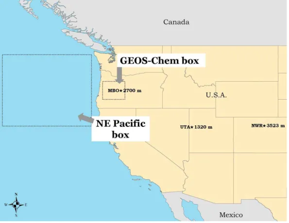 Fig. 1. Map of the western US illustrating the location and altitude of MBO and the two ESRL ground sites used in the analysis, as well as placement of the box employed for GEOS-Chem analysis