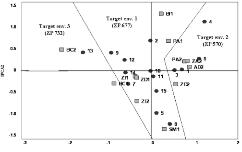Figure 2. AMMI2 biplot for the maize grain yield with target environments. 
