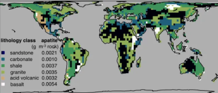 Figure 5. Map of the lithological classes and their respective ap- ap-atite concentrations (g apap-atite m −3 )
