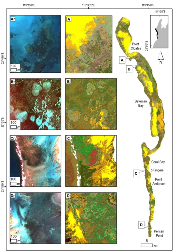 Figure 10. Overview of the central region of the Ningaloo Reef with insets illustrating selected habitat maps and corresponding subsurface reflectance