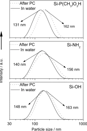 Figure 3. (a) Schematic diagram representing a silica nanoparticle with  different external surface chemical groups used in this study: silanol,  propylamine and propylmethylphosphonate