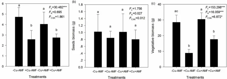 Fig 4. Effects of Cu addition and AMF inoculation on the biomass of flowers (a), seeds (b), and vegetative tissues (c)