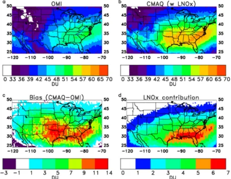 Fig. 8. Mean tropospheric ozone column for 1 June 2006–30 August 2006. Upper left: OMI data, upper right: CMAQ simulation LNO x after applying averaging kernel, lower left: bias between averaging kernel processed CMAQ simulation LNO x and OMI data, and low