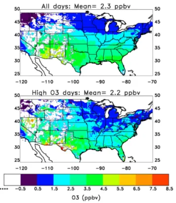 Fig. 10. Mean increase in 8-h maximum ozone associated with lightning-NO production during the 1 June through 31 August time period