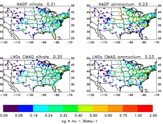 Fig. 11. Summer 2006 wet deposition of nitrogen at NADP/NTP sites. Upper left: nitrate measurements, upper right: ammonium measure- measure-ments, lower left: nitrate from simulation LNO x , and lower right: ammonium from simulation LNO x .