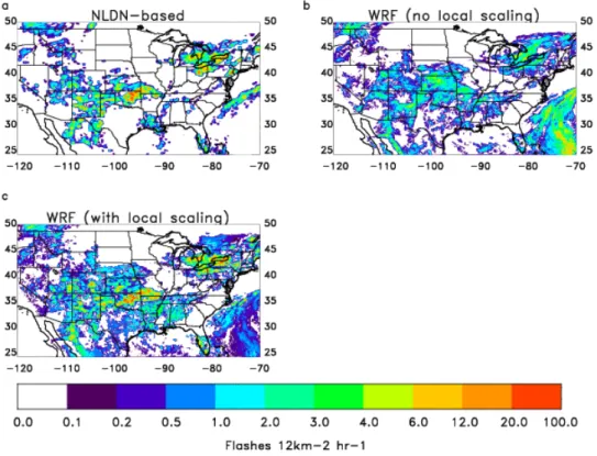 Fig. 2. Flash rate distribution on 10 July 2006. (a) NLDN-based estimate obtained by multiplying NLDN CG flash rate by Z + 1, where Z is the smoothed climatological IC/CG ratio, (b) model flash rate before applying local-scaling factors, and (c) model flas