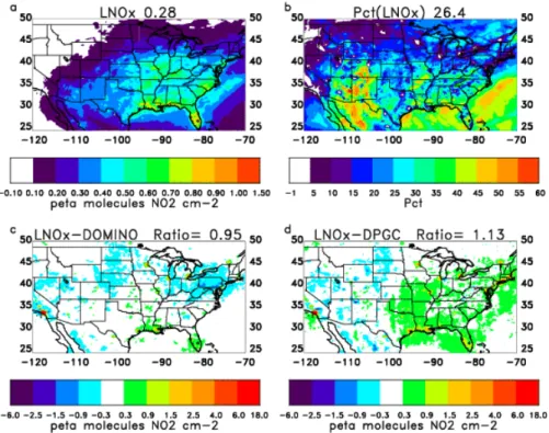 Fig. 5. Contribution of lightning-NO to mean tropospheric NO 2 columns during the summer of 2006 and column biases with respect to satellite-retrieved columns