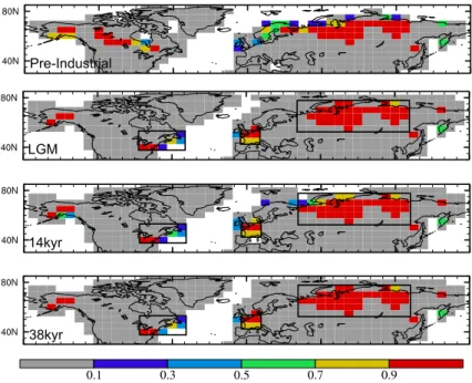 Fig. 4. Prescribed peat grid-cells in the pre-industrial, 21 14 and 38 kyr simulations