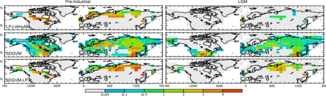 Fig. 5. CH 4 emissions for PI and LGM conditions for LPJ-WHyMe, SDGVM and SDGVM-LPJ-h.