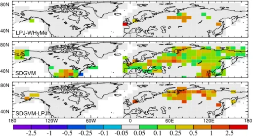 Fig. 7. CH 4 emission anomalies for GI-HS for LGM conditions in LPJ-WHyMe, SDGVM and SDGVM-LPJ-h