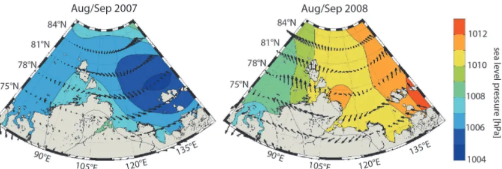 Fig. 2. Average sea level pressure (hPa) and prevailing wind directions during August to September 2007 and 2008