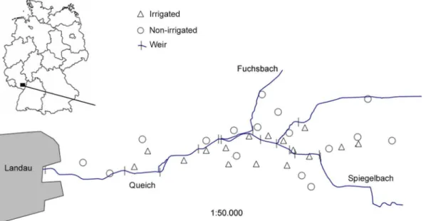 Figure 1. Position of the study area ‘Queichtal’ in Germany (small figure) and of the 32 study sites.