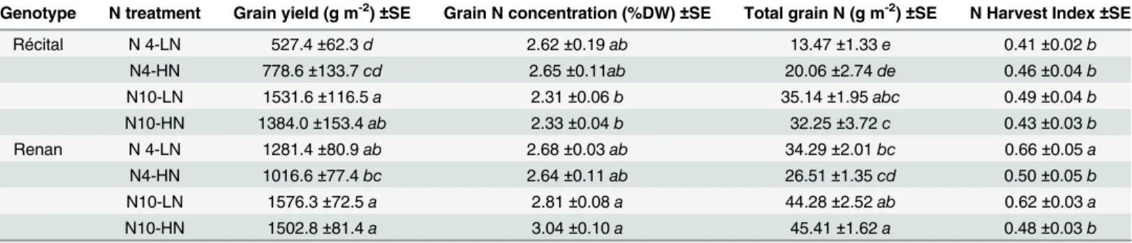 Table 2. Grain yield, grain N concentration, total grain N and N harvest index at maturity for the two genotypes studied under four N treatments.