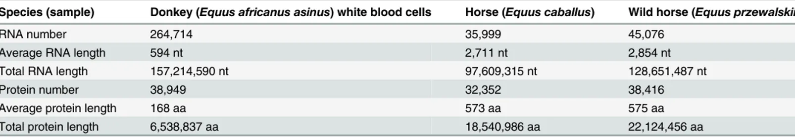 Table 1. Summary of the RNA/protein numbers and lengths of donkey white blood cells, horse, and wild horse.