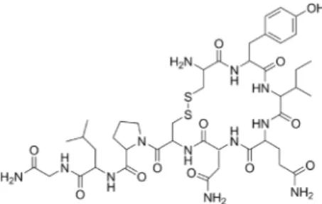 Figura 4 – Representação esquemática da Oxitocina. Esta molécula é constituída por nove  aminoácidos, pelo que pode ser descrita como uma pequena proteína.