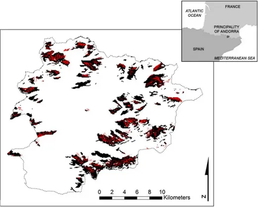 Fig 1. Rhododendron ferrugineum current potential distribution. The black tone indicates predicted areas of the current potential distribution of Rhododendron ferrugineum in Andorra taken from the global model at a resolution of 90 m.