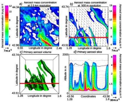 Fig. 8. (a) aerosol mass concentration over the 2nd domain. (b) aerosol mass concentration over the 3rd domain