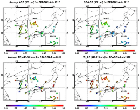 Figure 2. The (a, c) average and (b, d) standard deviation (1σ ) of (a, b) AOD at 500 nm and (c, d) Ångström exponent between 440 and 870 nm during DRAGON-NE Asia 2012 campaign for each site.