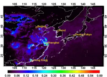 Figure 4. Absolute minimum AOD at 550 nm obtained from MODIS level 2.0 products (MYD04_Lv2.0) from 2006 to 2012 at 0.25 ◦ ×0.25 ◦ resolution