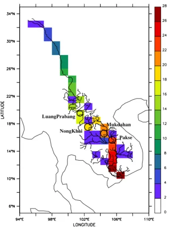 Fig. 2. 1 degree Mekong river sequence map designed by Oki et al. (1998). River information from the World Data Bank II (WDBII) developed by the U.S