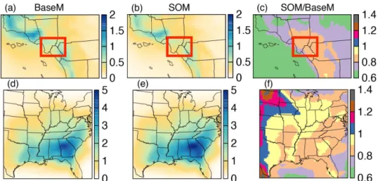 Figure 2. (a, b) 14-day averaged SOA concentrations in SoCAB for the BaseM and SOM simulations