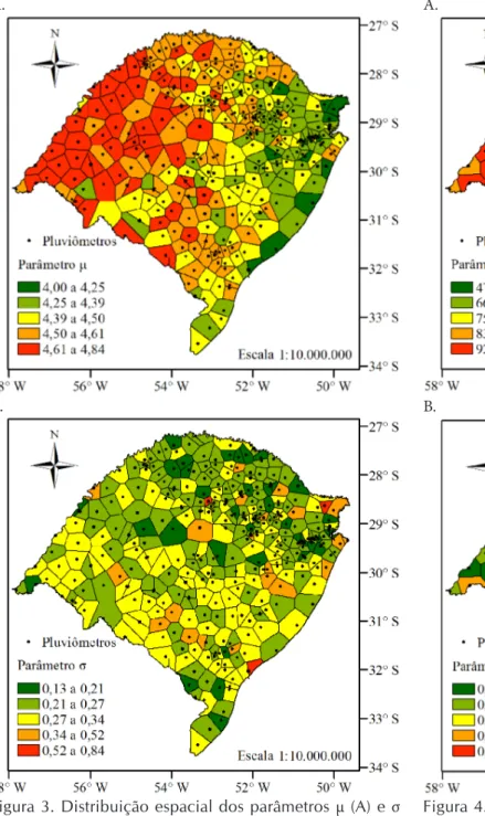 Figura 3. Distribuição espacial dos parâmetros  µ (A) e σ  (B) da distribuição de probabilidades LN-2P