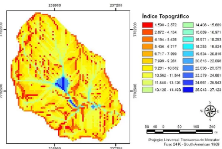 Figura  2. Distribuição espacial do índice topográico na  Microbacia do Córrego Jaqueira