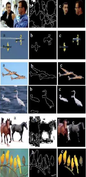 Fig. 13.  Shows the object retrieval using proposed algorithm (a) The image containing multiple  objects (b) objects mask (c) the final segmented results for multiple objects